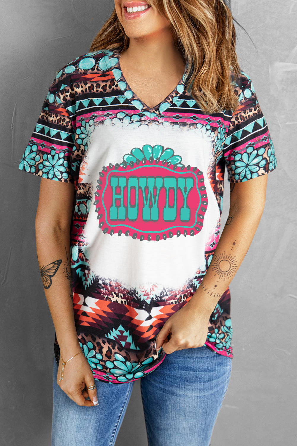 Turquoise Aztec HOWDY Graphic V Neck T Shirt
