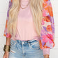 Floral Print Balloon Sleeves Crew Neck Blouse