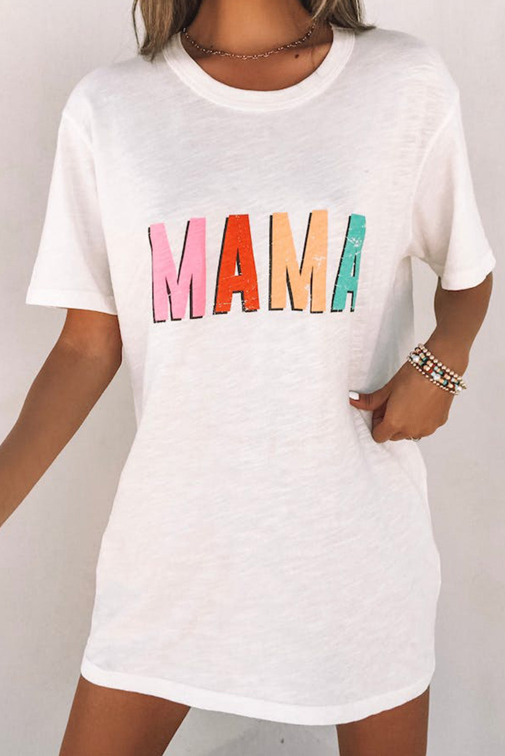 White MAMA Letter Print Round Neck Short Sleeve T Shirt