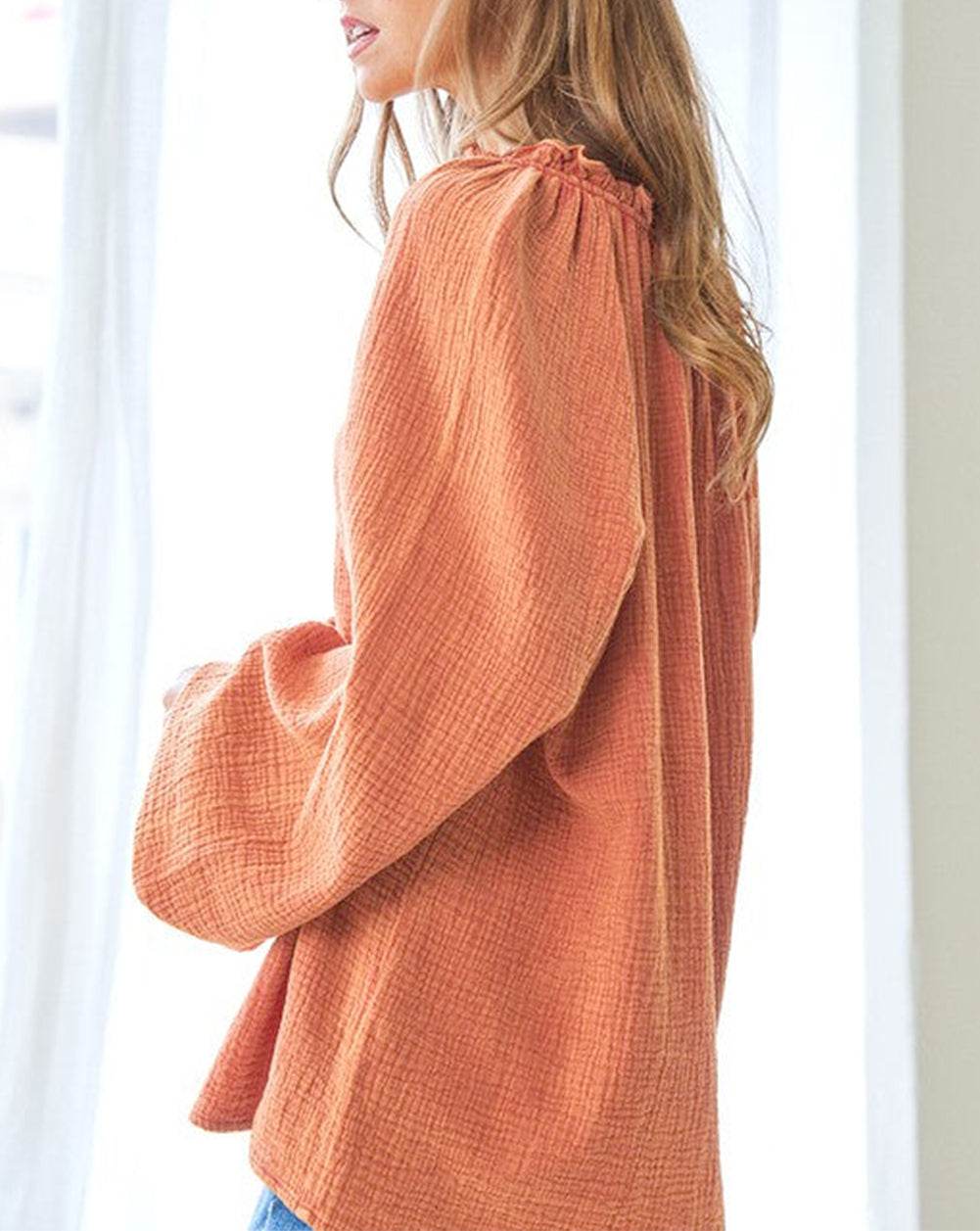 Crinkle Textured Frill Split Neck Puff Sleeve Blouse