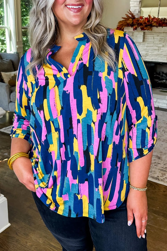 Plus Size Brushstroke Print 3/4 Sleeve Blouse