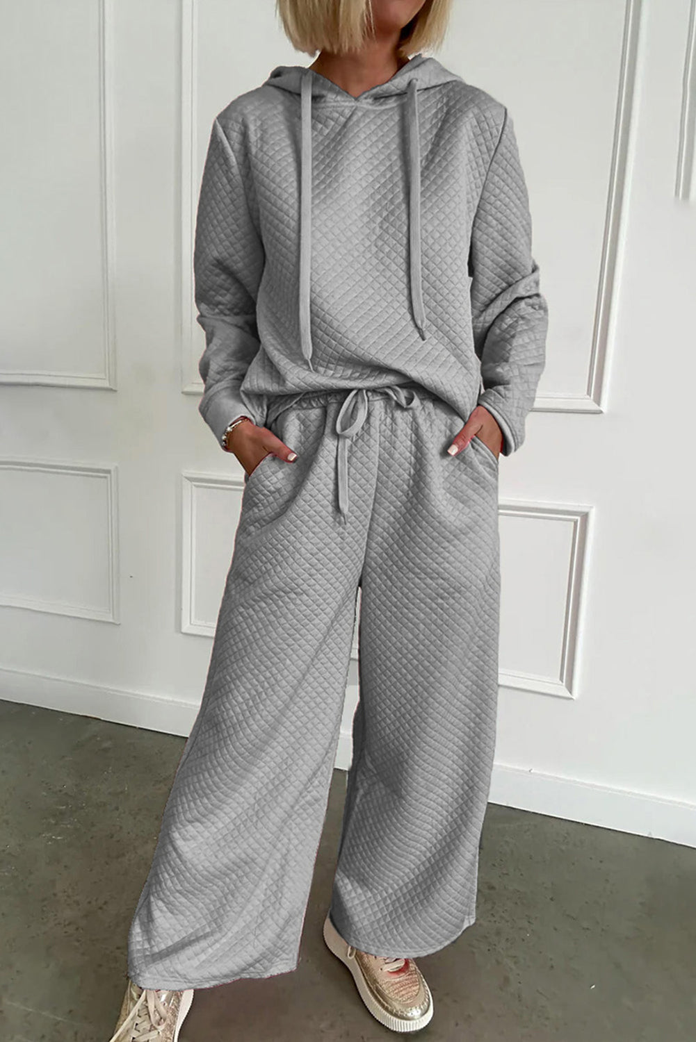 Solid Color Drawstring Hoodie and Wide Leg Pants Set