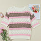 Stripe Color Block Hollow Out Crochet Half Sleeve Sweater