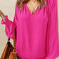 Pleated V Neck Puffy Sleeve Blouse
