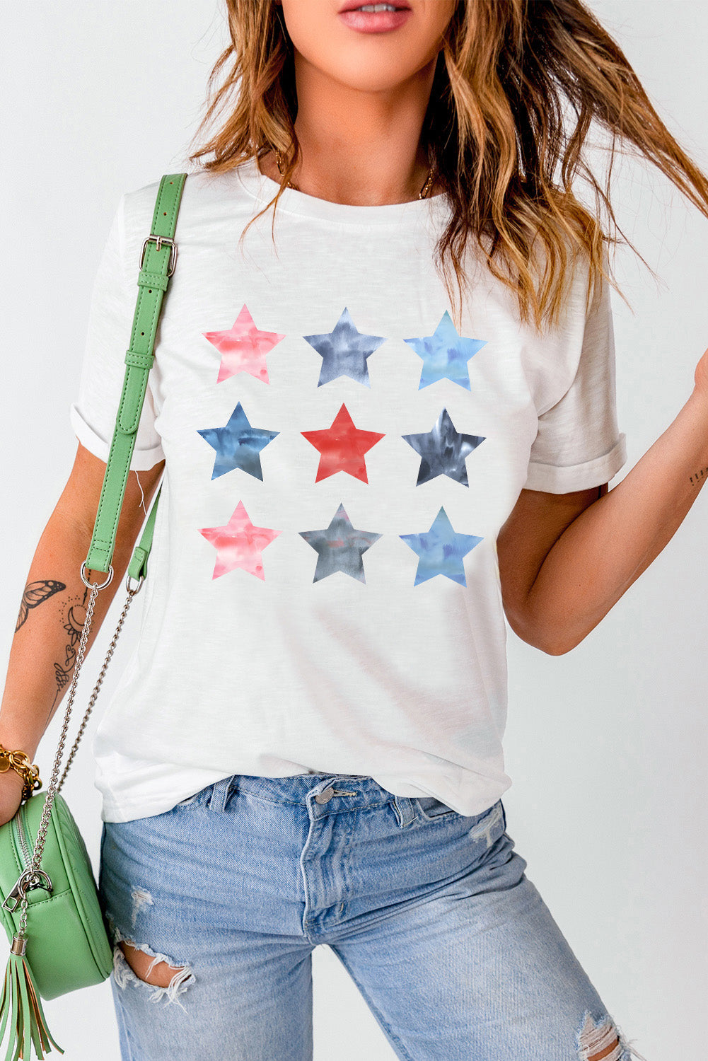 Flag Day Stars Print Crew Neck T Shirt