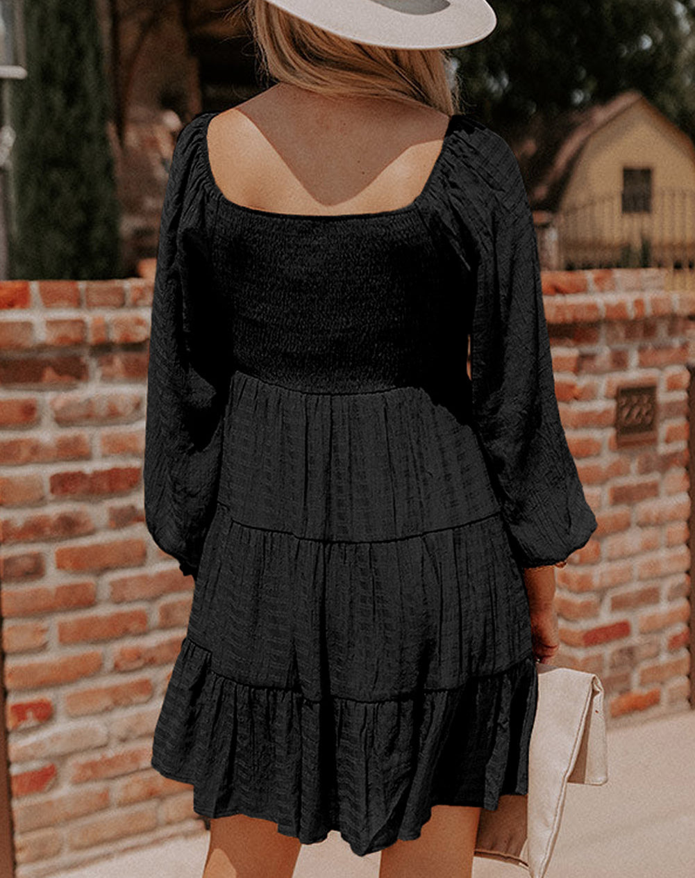 Bishop Sleeve Smocked Tiered Mini Dress