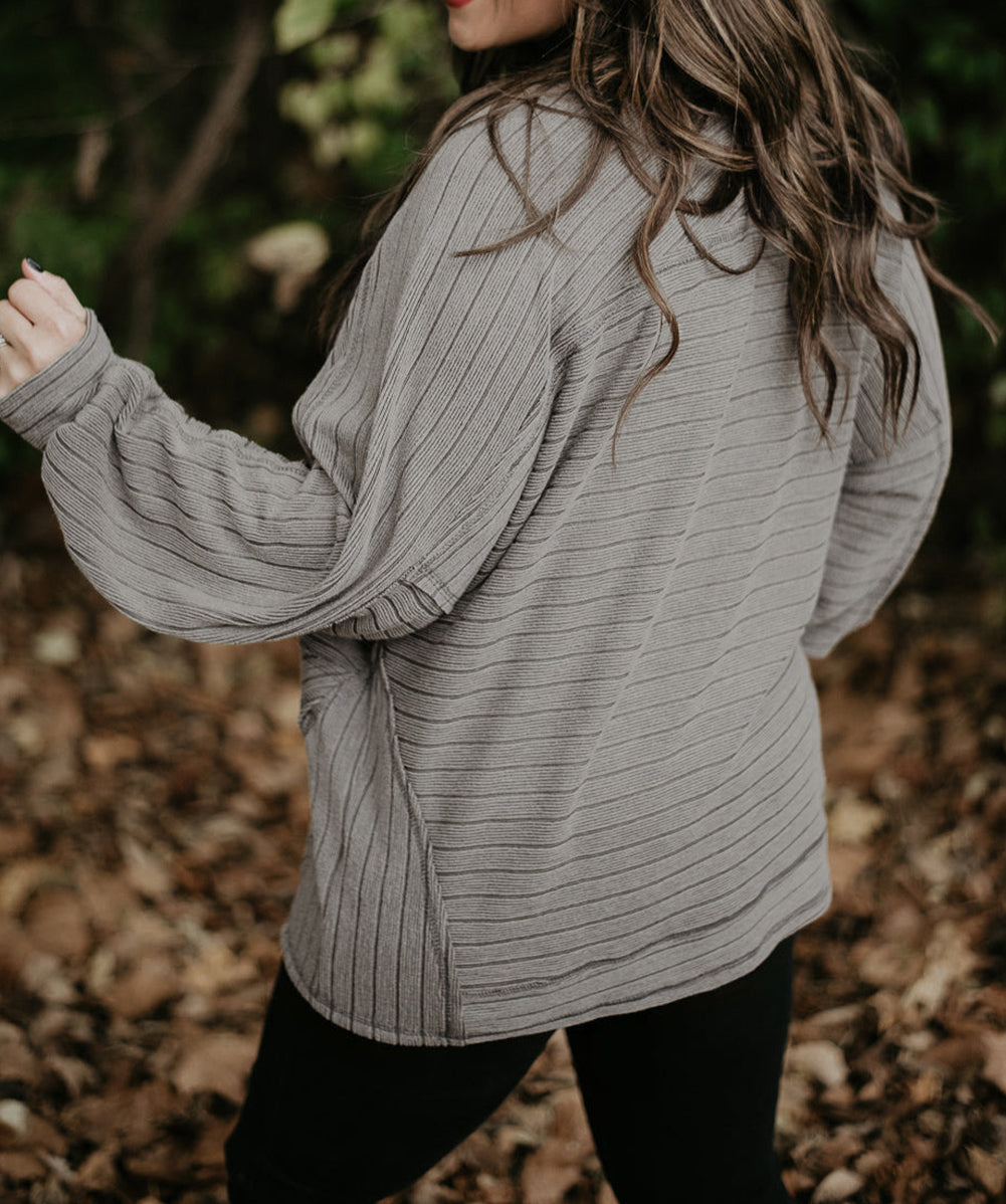 Ribbed Side Pockets Long Sleeve Plus Size Top