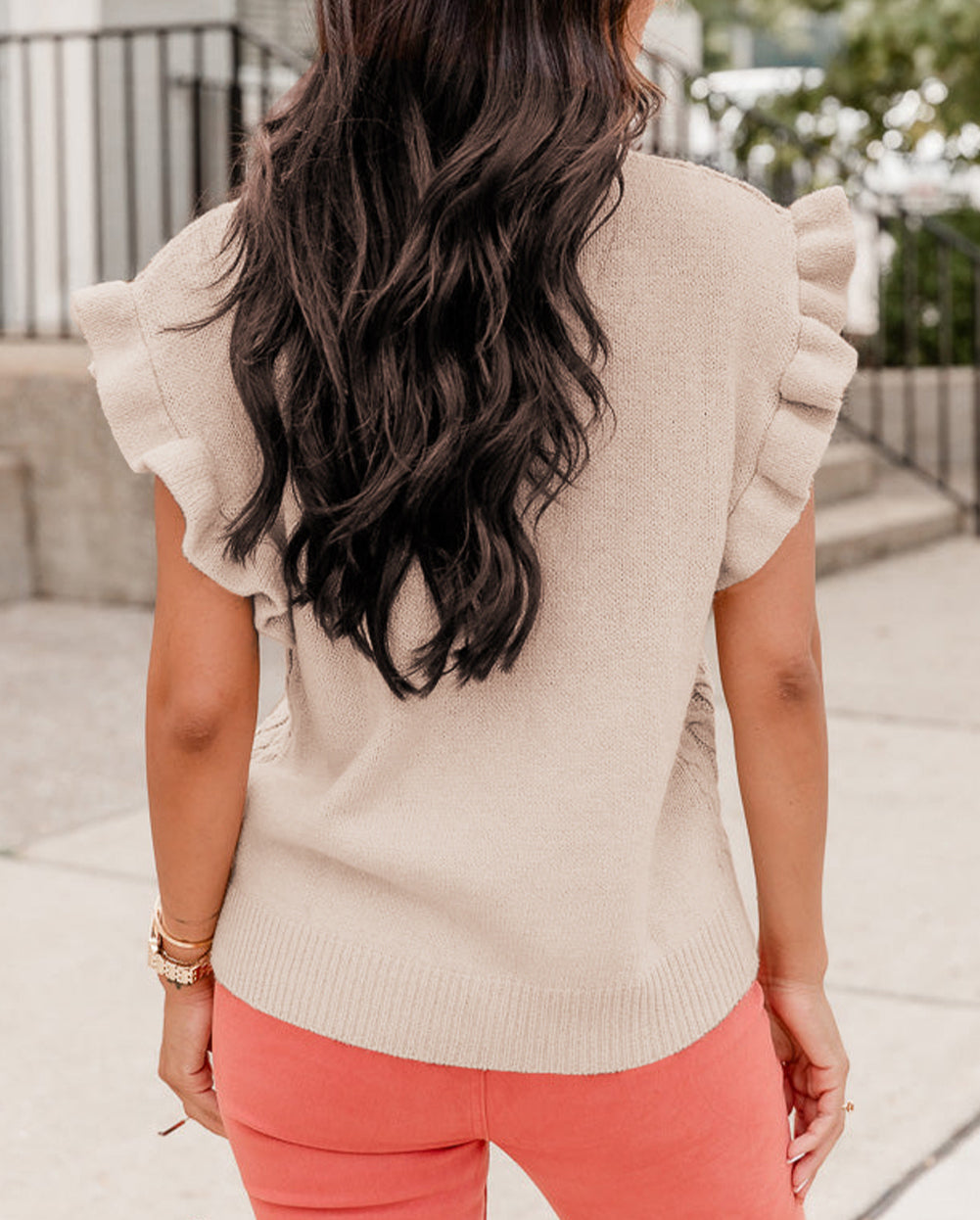 Cable Knit Mock Neck Cap Sleeve Sweater