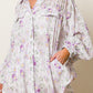 Purple Floral Print Pleated Flap Pocket Shirt