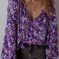 Boho Flower Split V Neck Bubble Sleeve Blouse