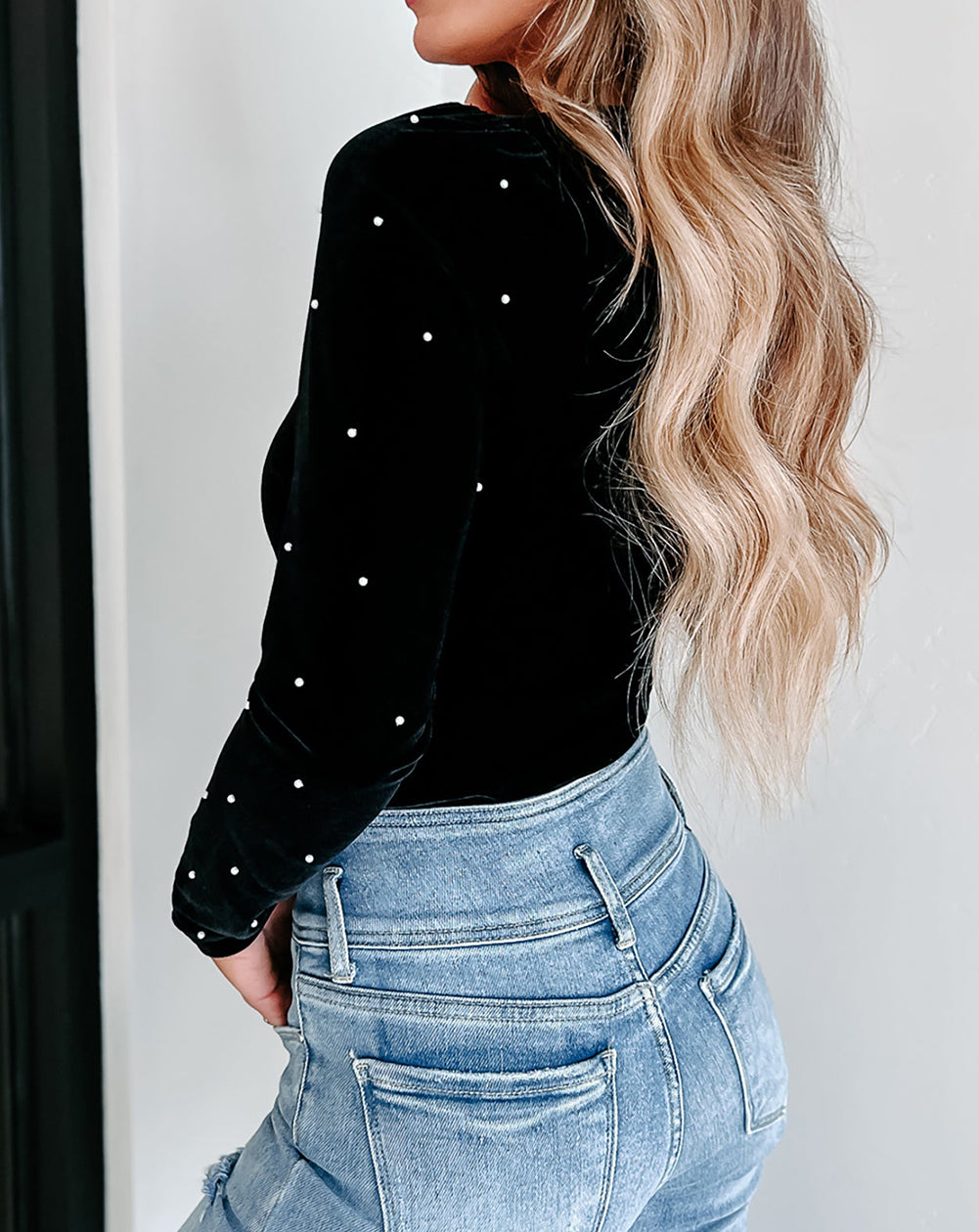Velvet Beaded Long Sleeve V Neck Bodysuit