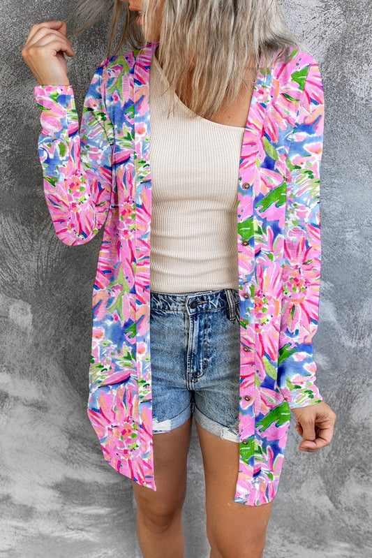 Flower Print Long Sleeve Button Up Cardigan