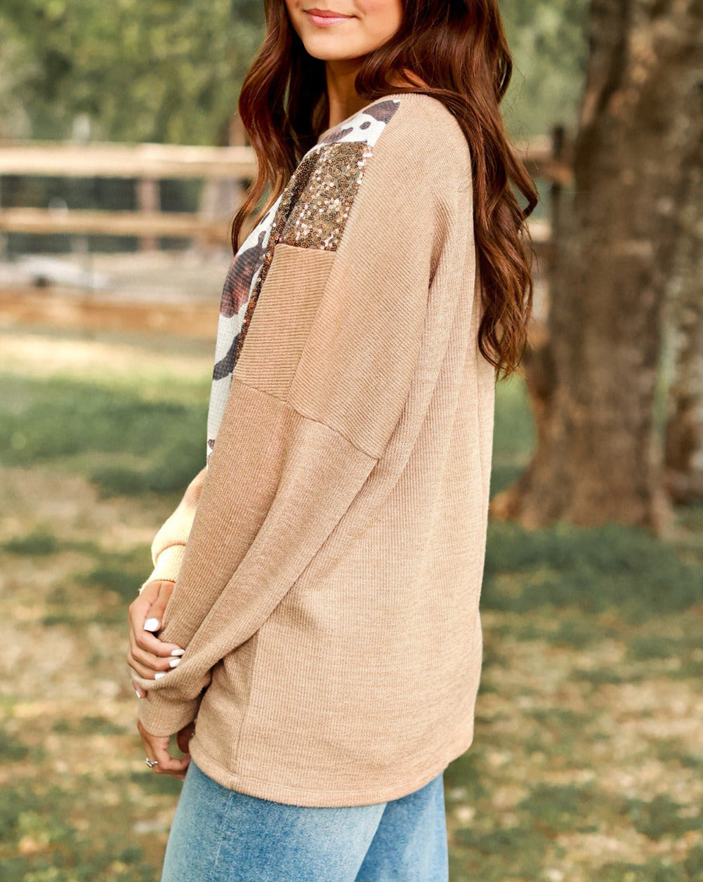 Abstract Print Sequin Patch Pullover Top