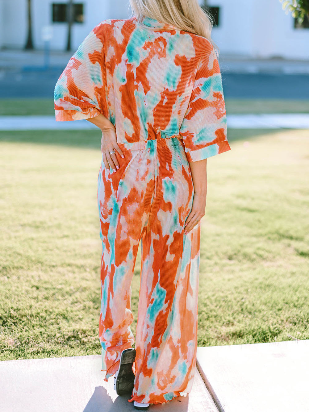 Bohemian Tie Dye Pleated Shirt Collar Loose Jumpsuit
