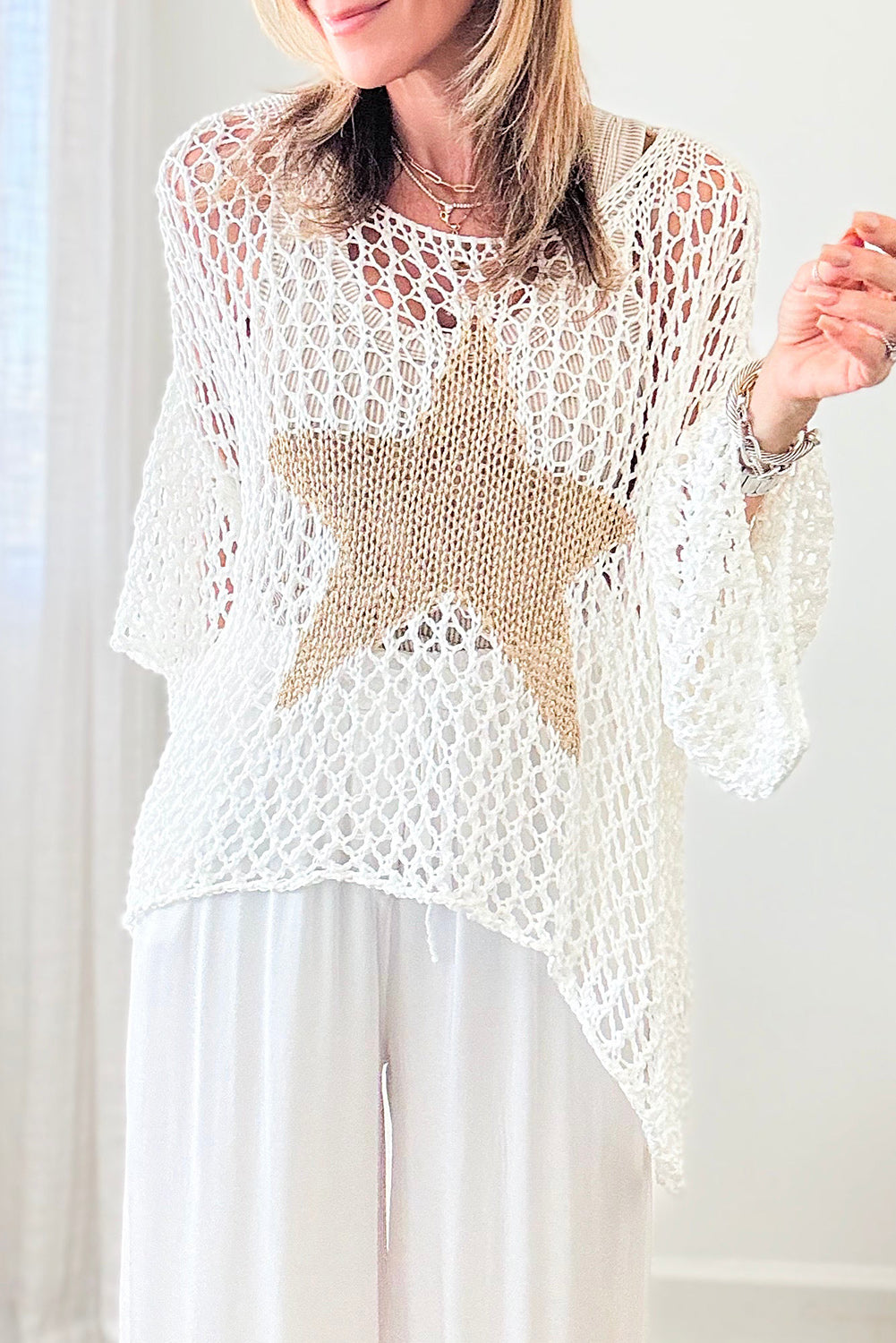 Star Graphic Crochet Knitted Summer Sweater Top