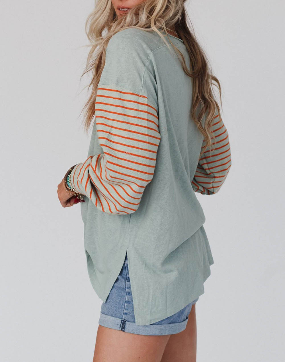 Colorblock Striped Bishop Sleeve Top