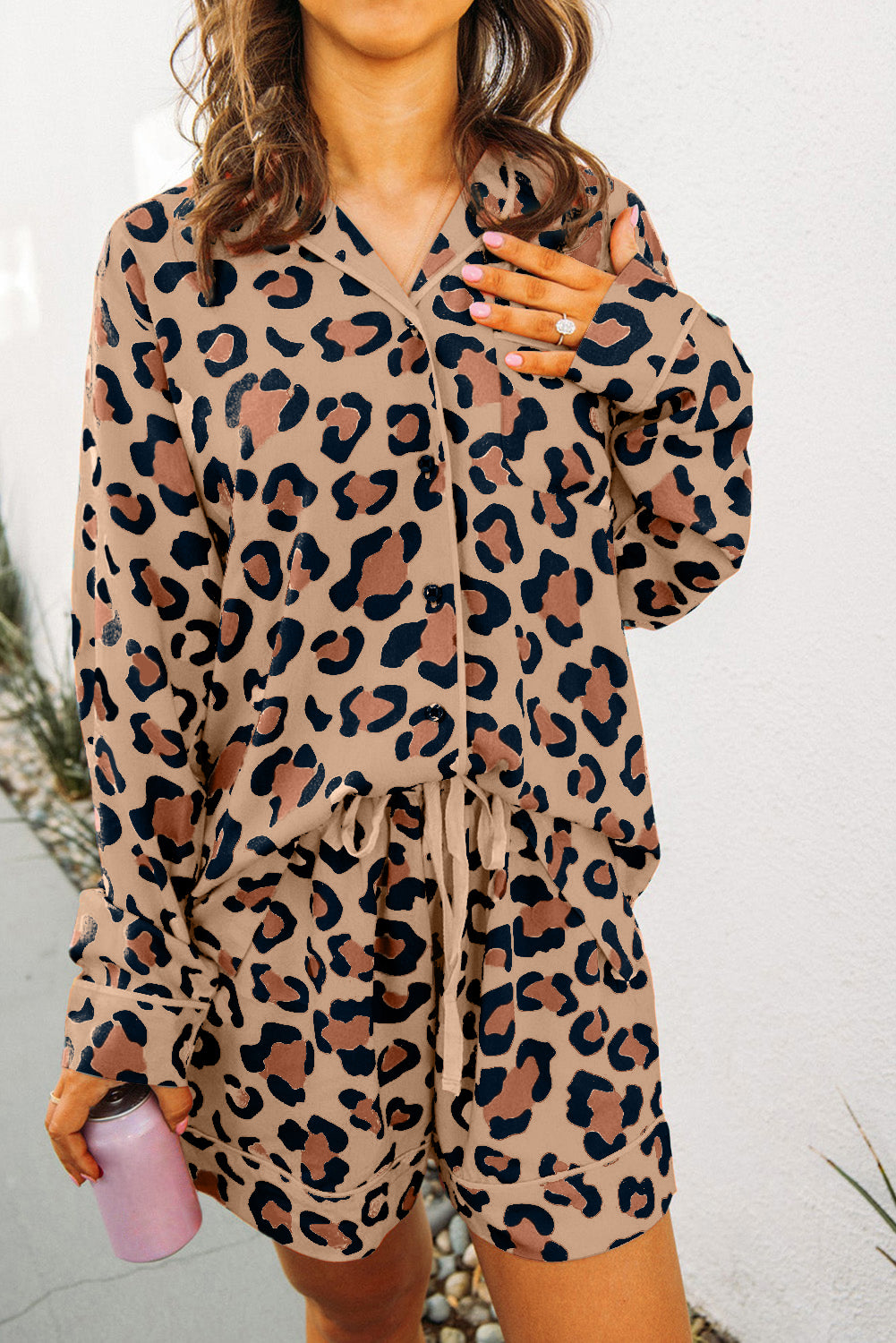 Leopard Print Long Sleeve Shirt and Shorts Pajama Set