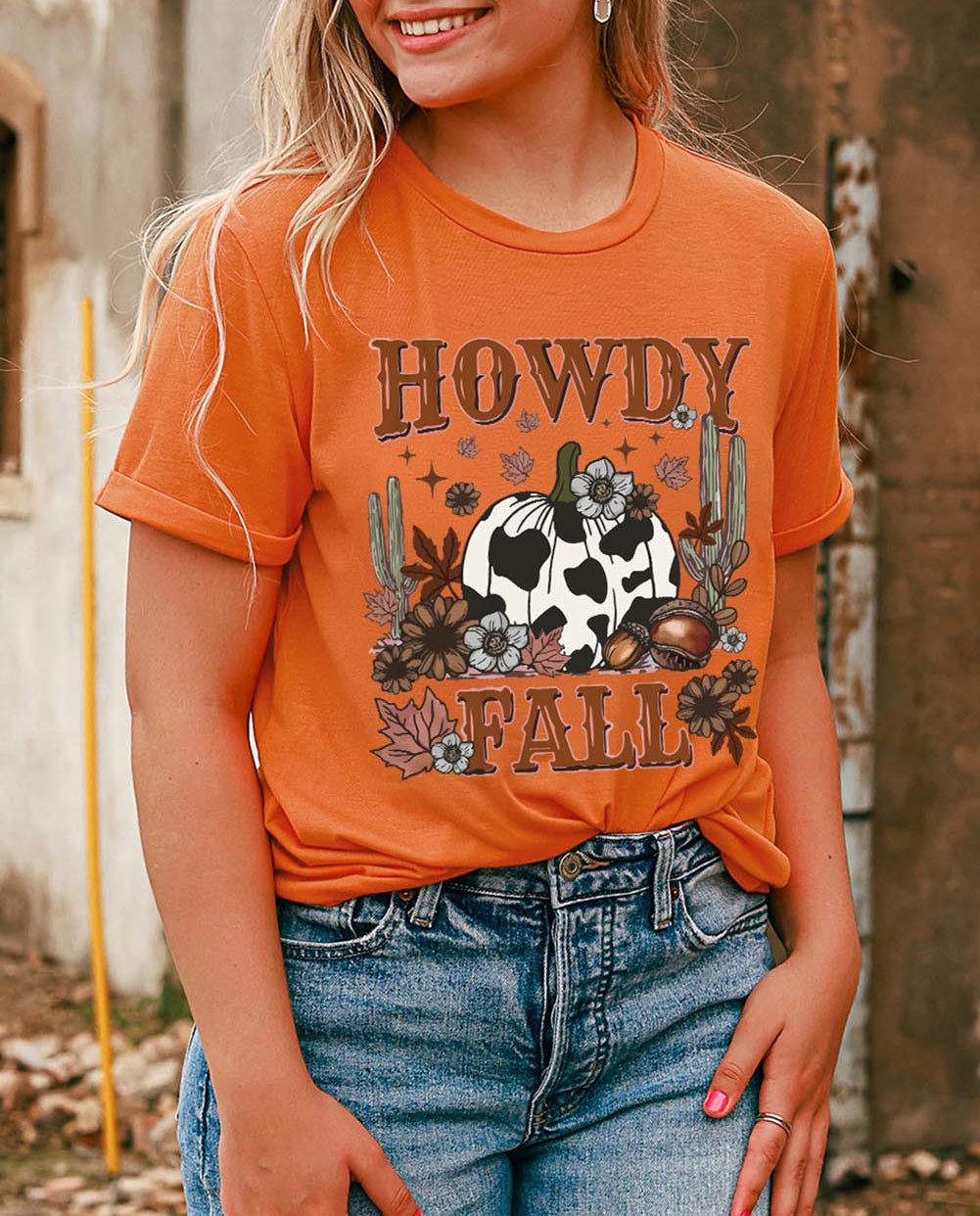 HOWDY FALL Pumpkin Graphic Print Crewneck T Shirt