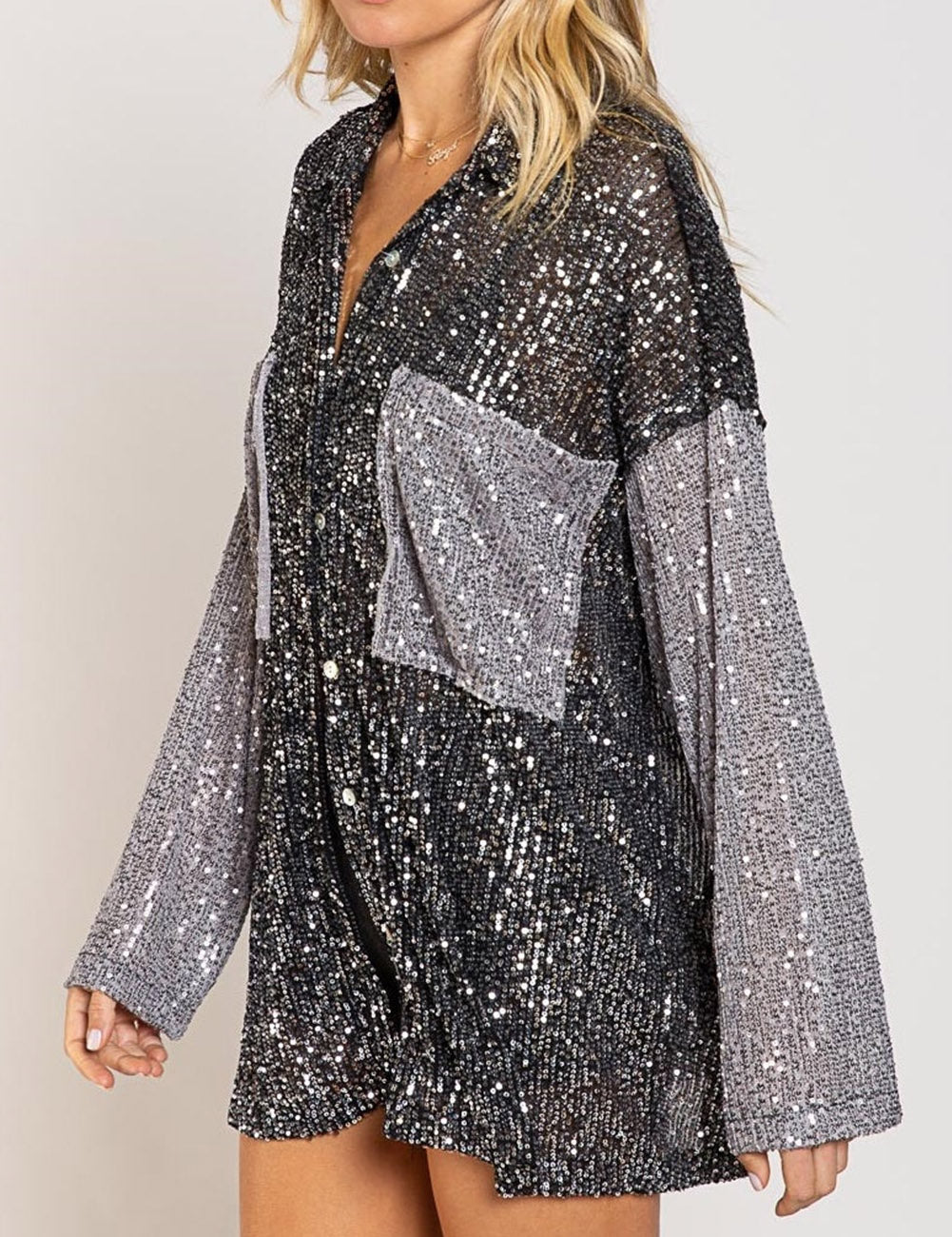 Sequin Color Block Patch Pocket Shirt