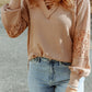 Lace Waffle Patchwork Strappy V Neck Long Sleeve Top