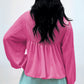 Corded Turn-down V Neck Bubble Sleeve Babydoll Blouse