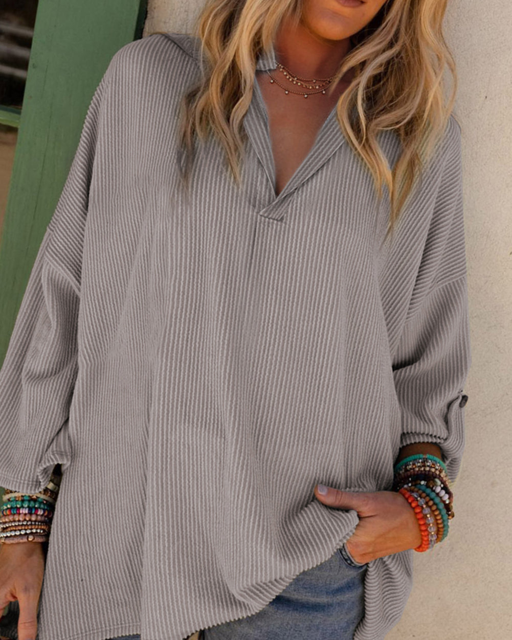 Gray Ribbed Roll-tab Sleeve Oversize Top
