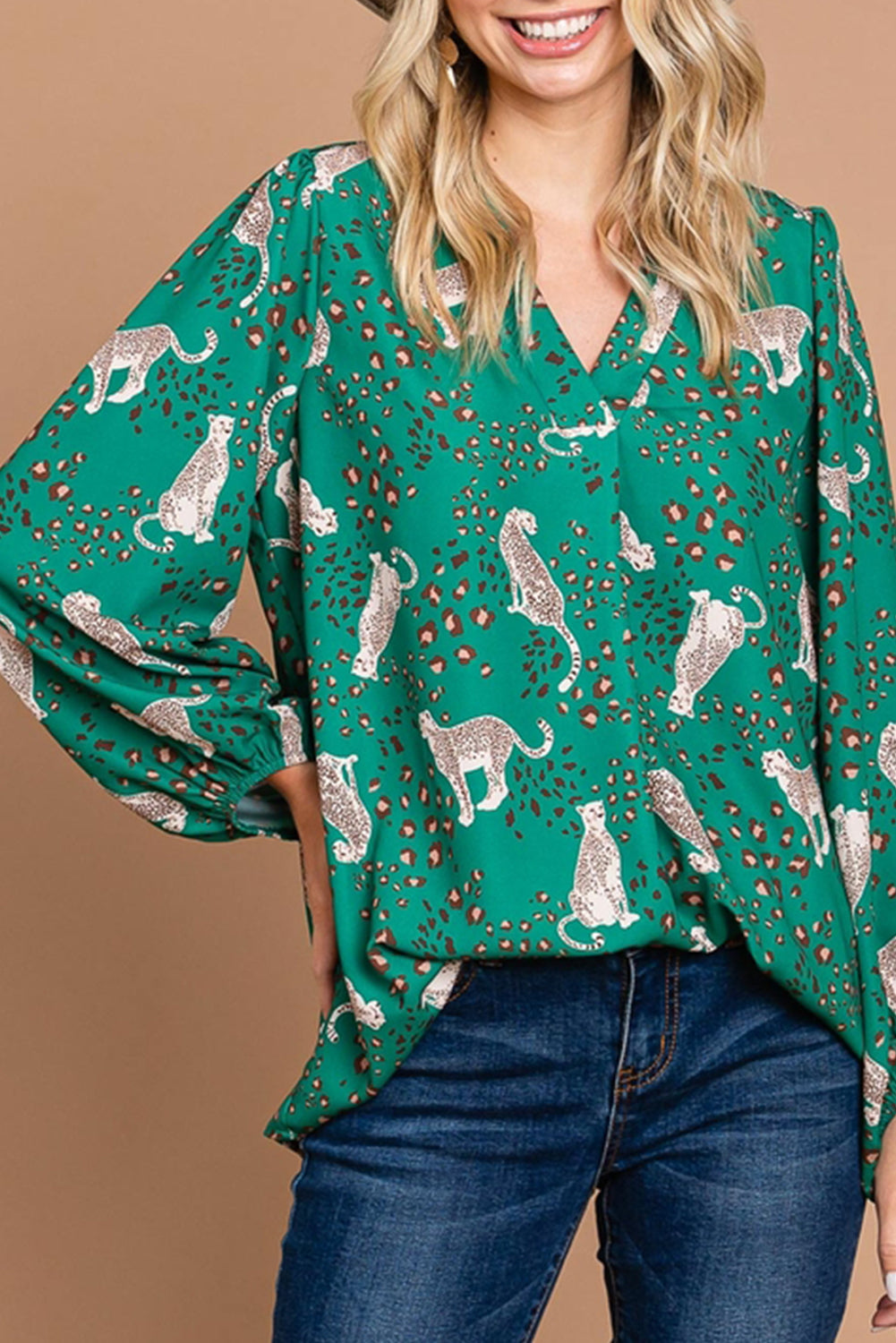 Printed Cheetah Print V Neck Flowy Blouse