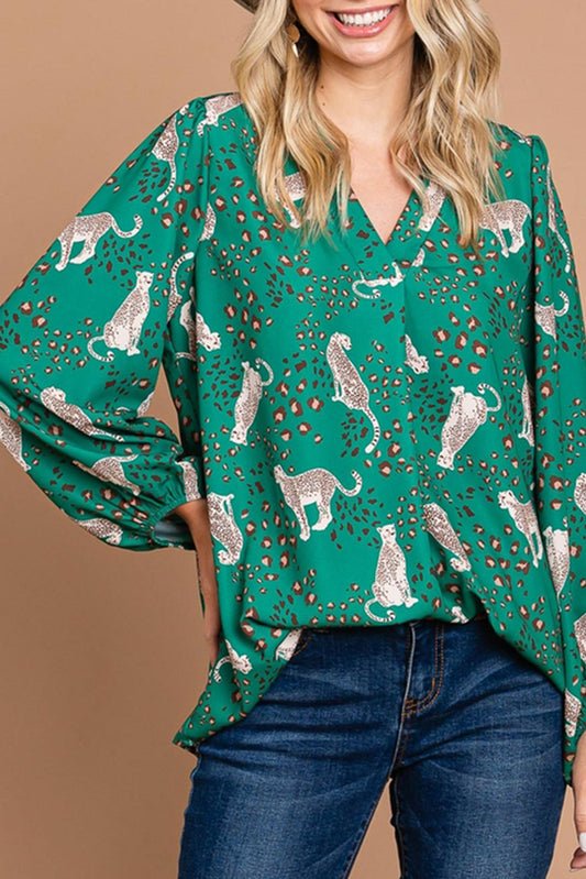 Printed Cheetah Print V Neck Flowy Blouse