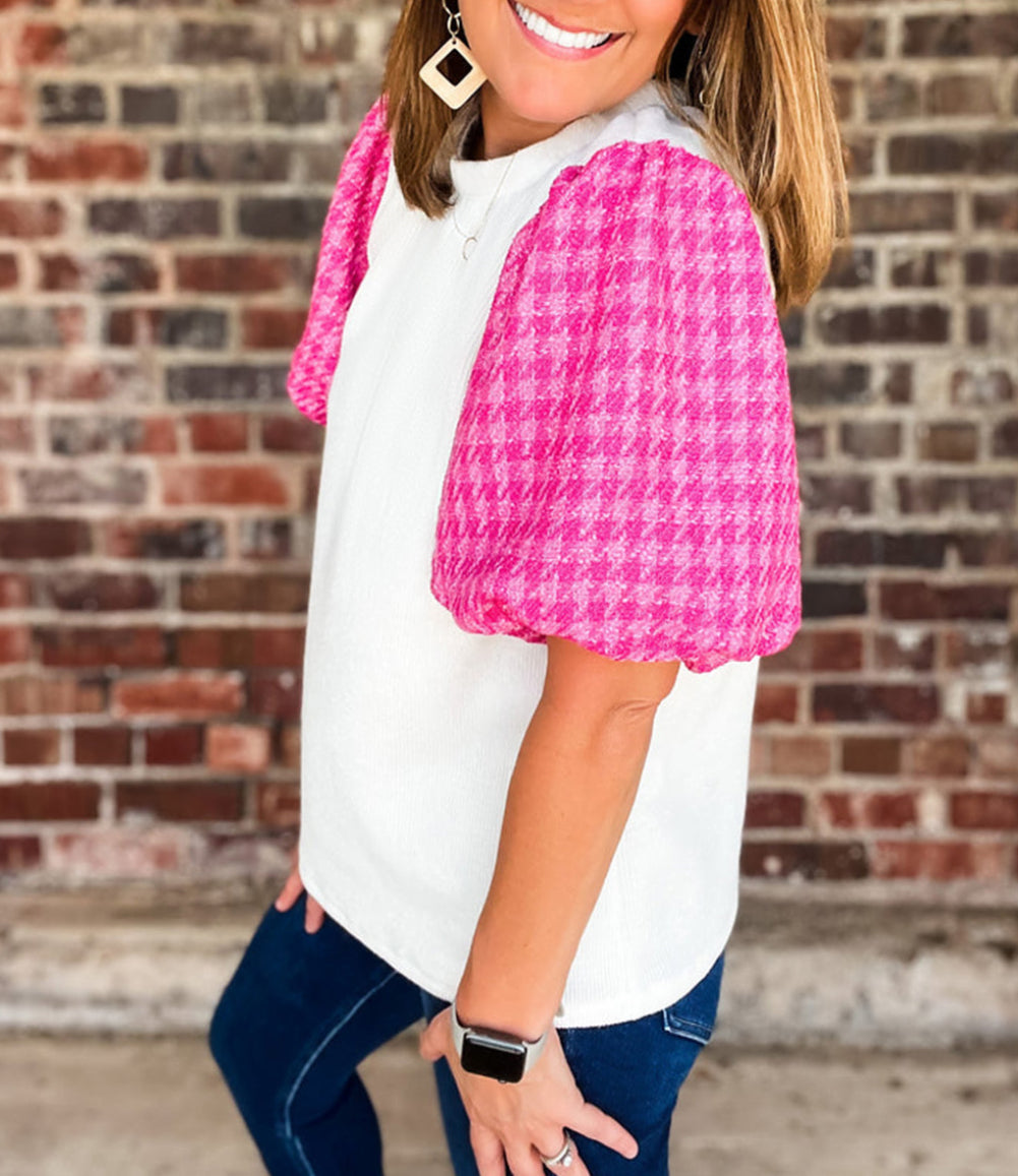 Contrast Tweed Puff Sleeve Top