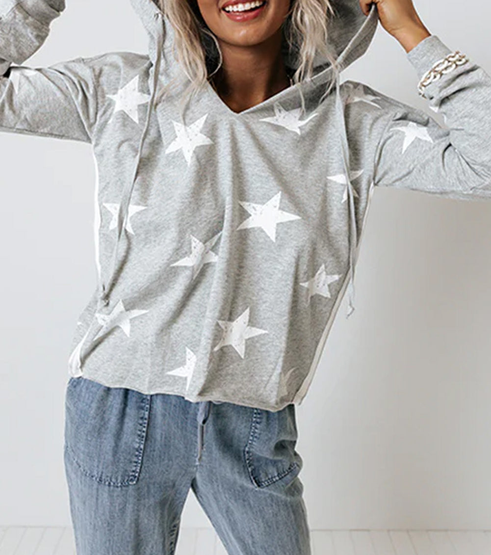 Grey Stars Print V-Neck Drawstring Hoodie