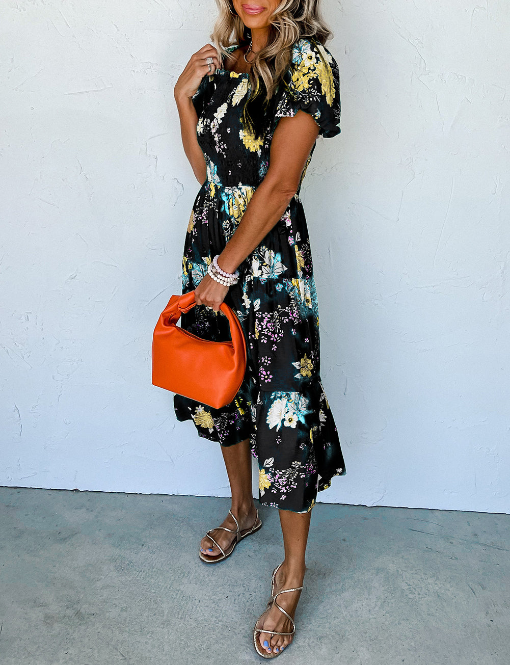 Floral Print Bubble Sleeve Smocked Tiered Midi Dress