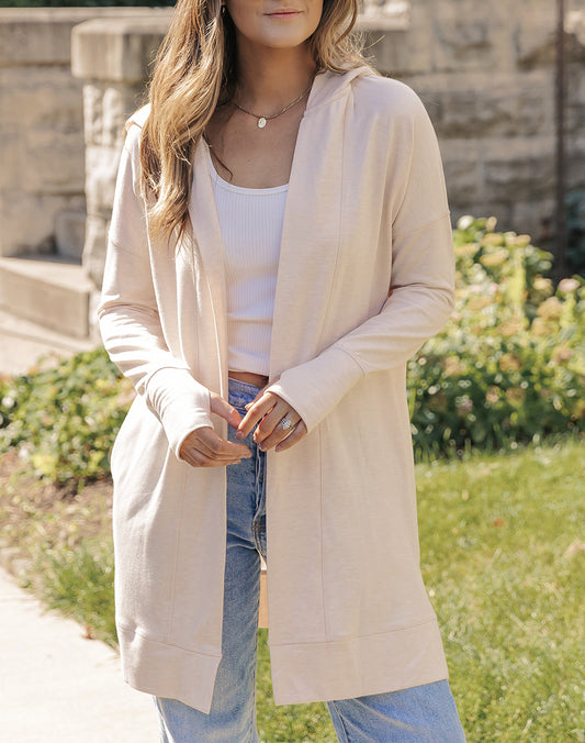 Open Front Hooded Long Cardigan with Slits