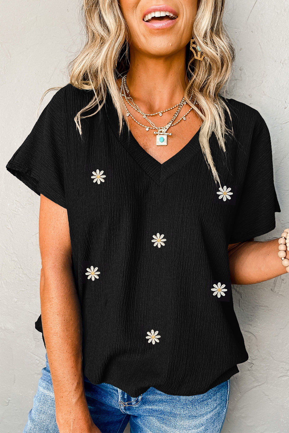 Crinkled Daisy Embroidered V Neck T Shirt
