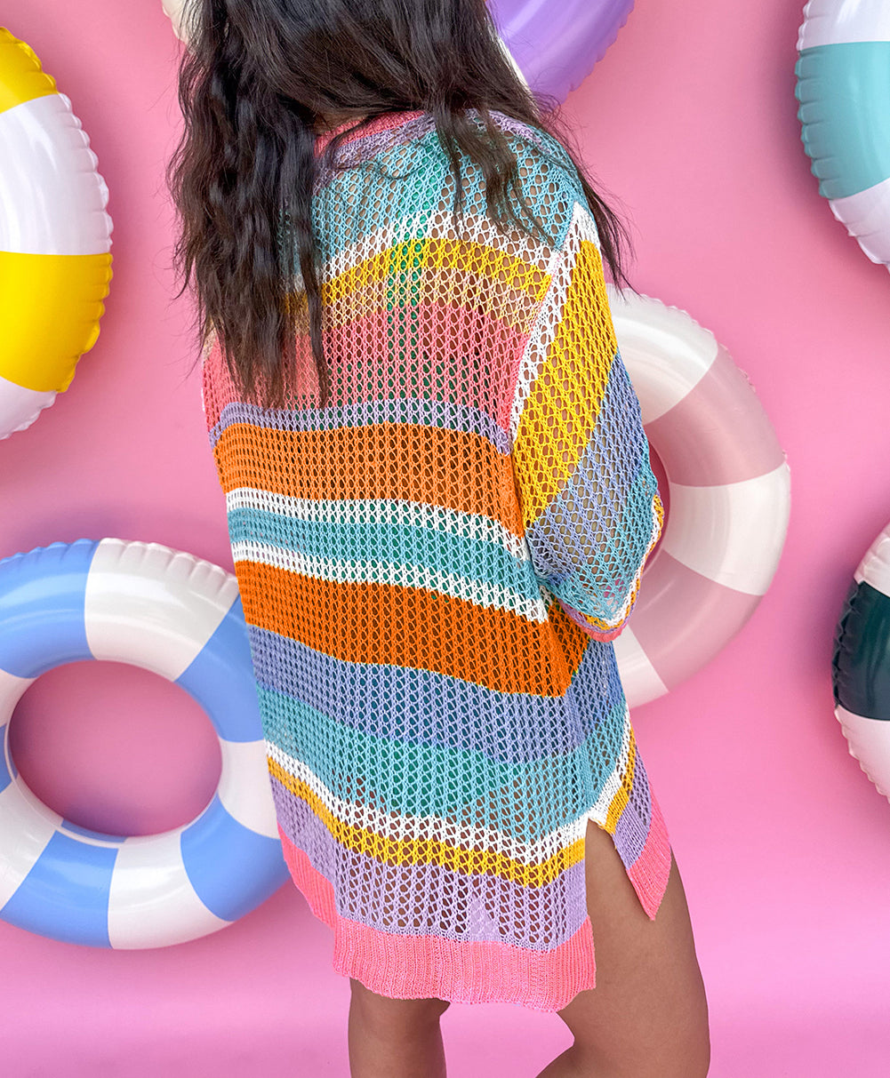 Stripe Colorblock Hollowed Crochet 3/4 Sleeve Sweater