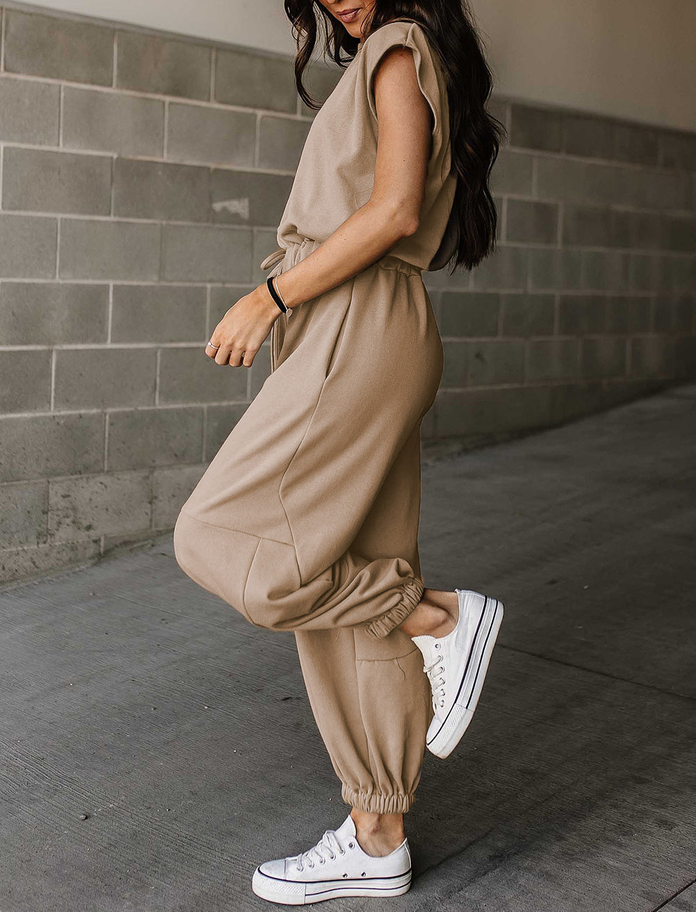 Cap Sleeve Open Back Drawstring Jogger Jumpsuit