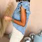 Plus Size Ruffled Sleeve Button Up Frayed Denim Top