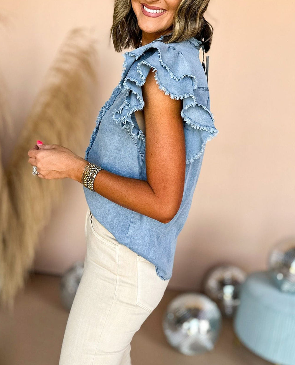Plus Size Ruffled Sleeve Button Up Frayed Denim Top