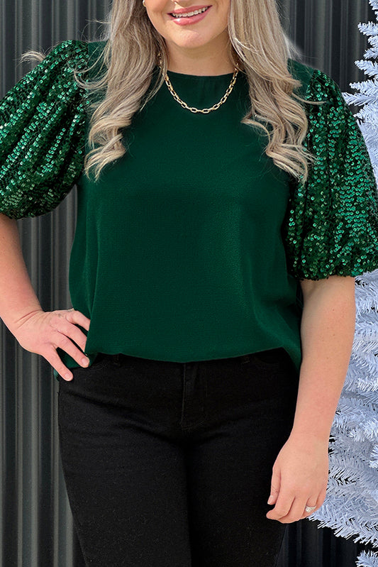 Plus Size Sequin Short Puff Sleeve Top