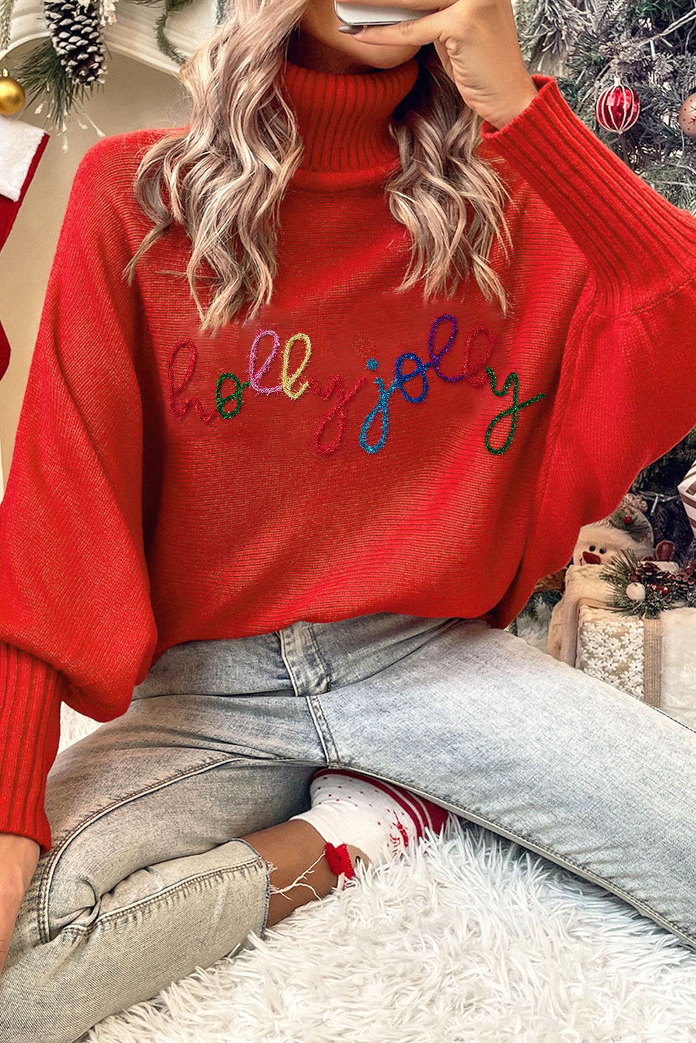 Christmas Holly Jolly Tinsel Graphic High Neck Sweater