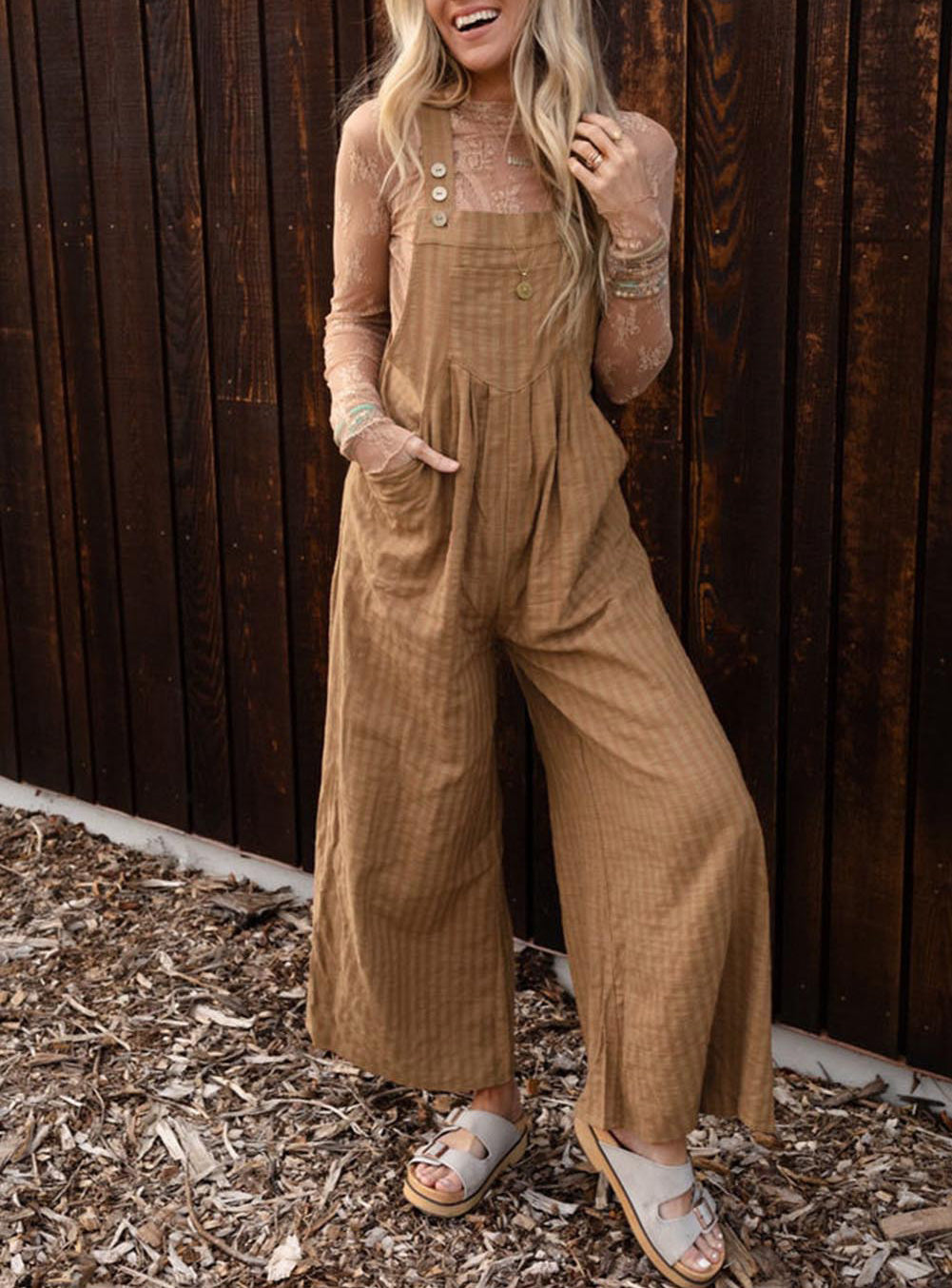 Striped Pleated Wide Leg Pocketed Jumpsuit