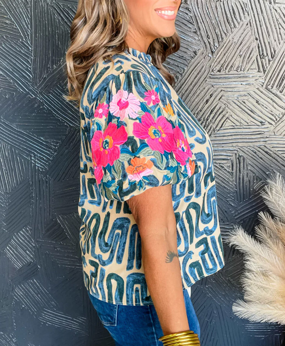 Embroidered Puff Sleeve Frilled Neck Printed Top