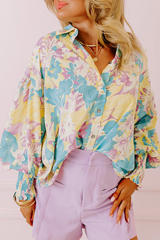 Floral Allover Print Shirred Cuff Oversized Shirt