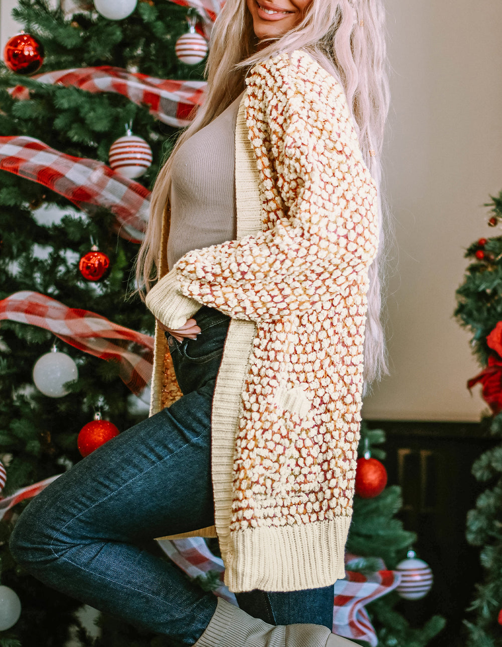 Abstract Printed Bishop Sleeve Open Front Cardigan