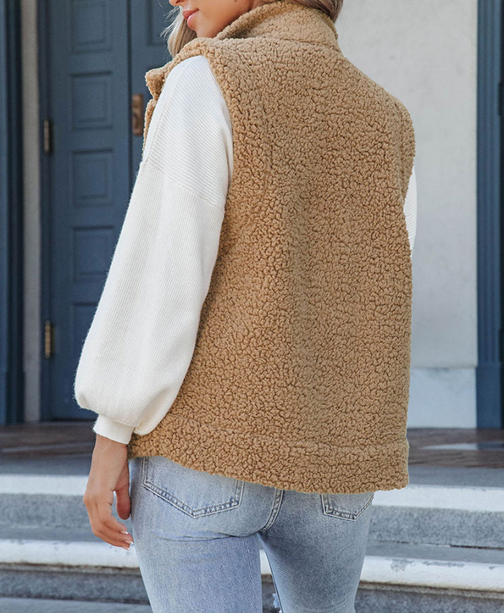 Snap Button Pocketed Sherpa Vest Jacket