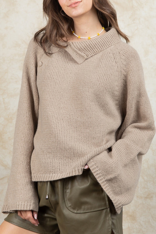 Wide Sleeve High Neck Side Buttoned Sweater