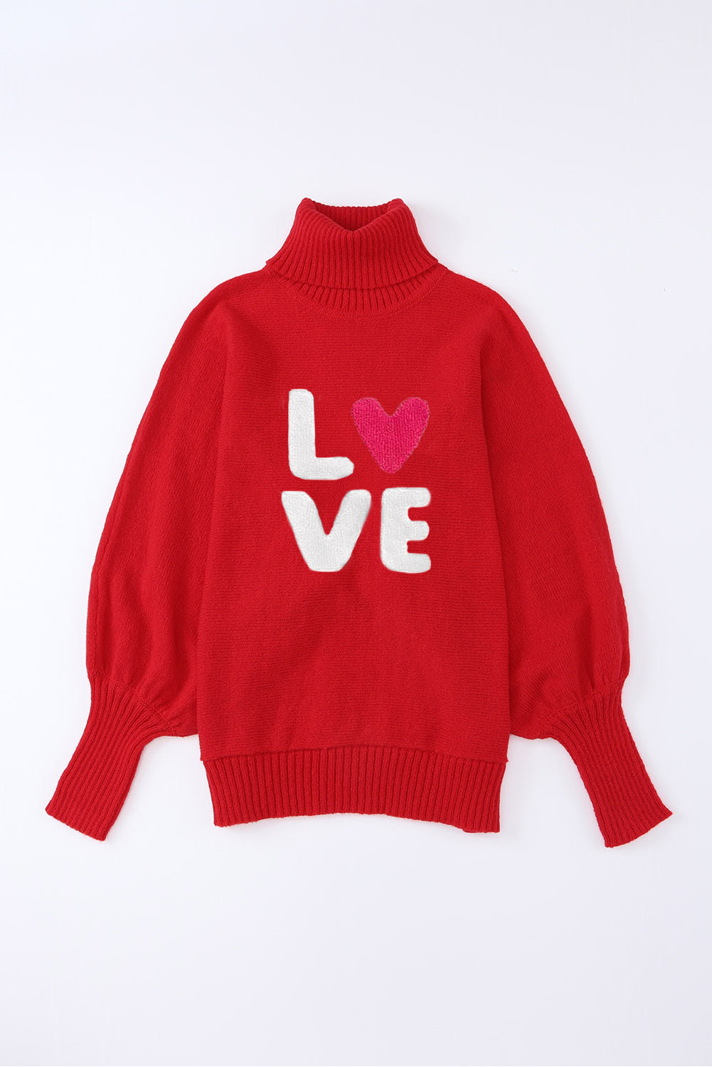 Red Valentine LOVE Letter Embroidered High Neck Sweater