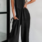 Textured Buttoned Straps Ruched Wide Leg Jumpsuit