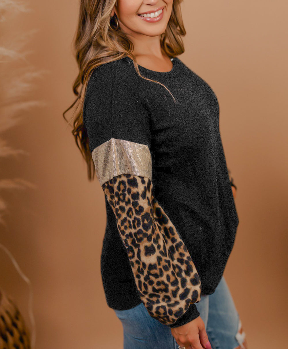 Plus Size Leopard Sequin Long Sleeve Top