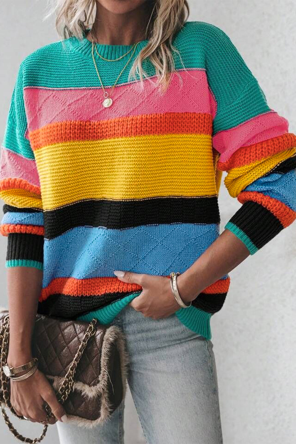 Colorblock Mixed Textured Drop Shoulder Sweater