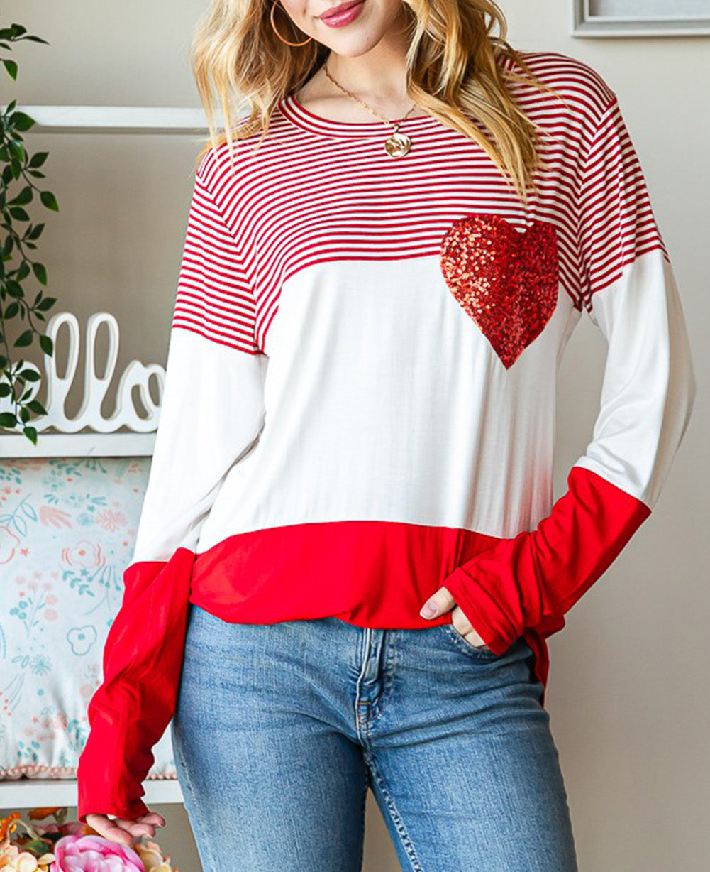 Valentine's Day Sequin Heart Striped Colorblock Top